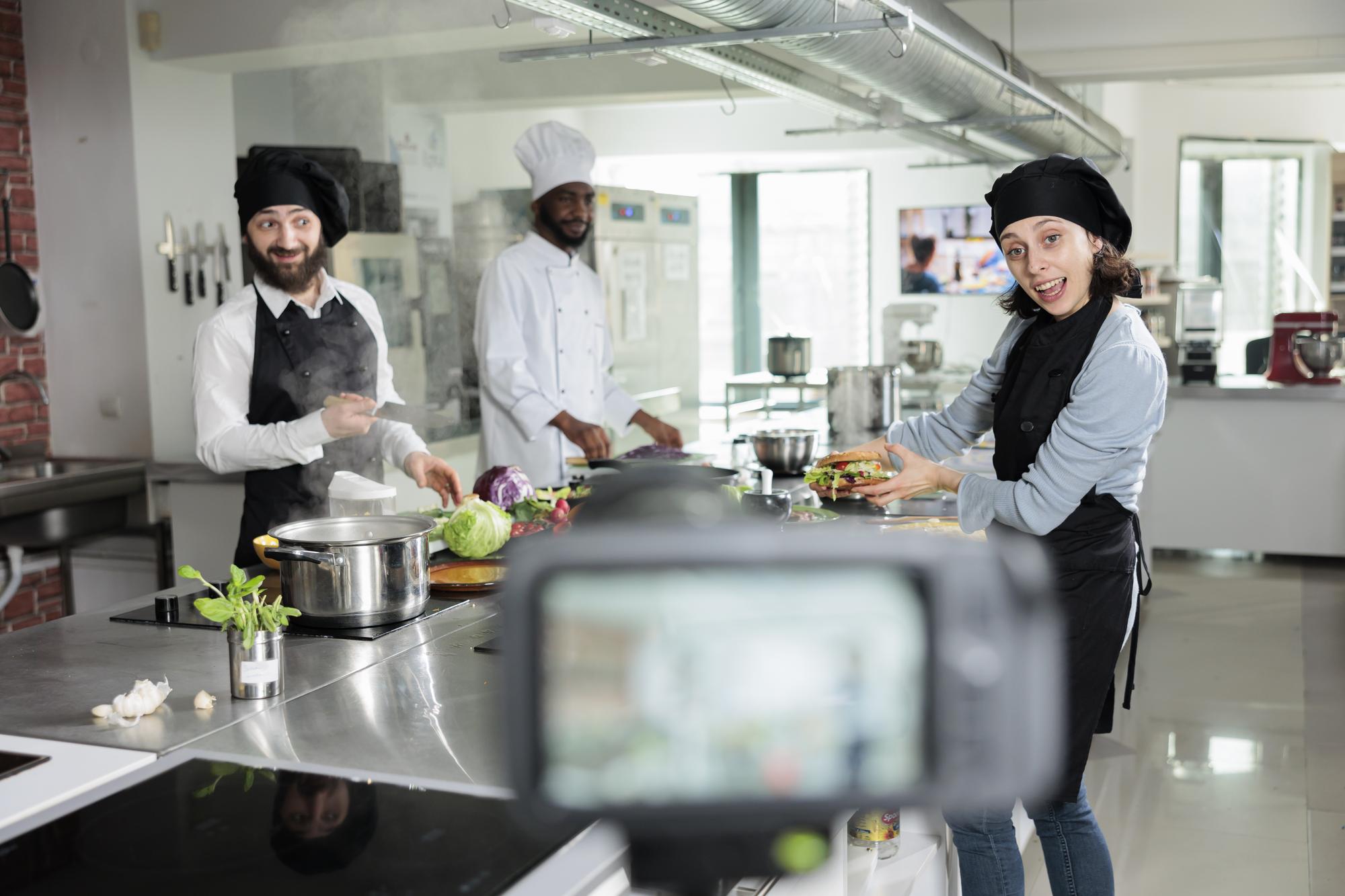 Modern training kitchen with screens