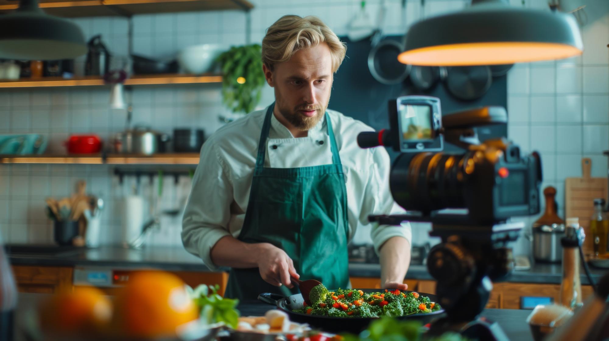 Chef teaching online with kitchen tools